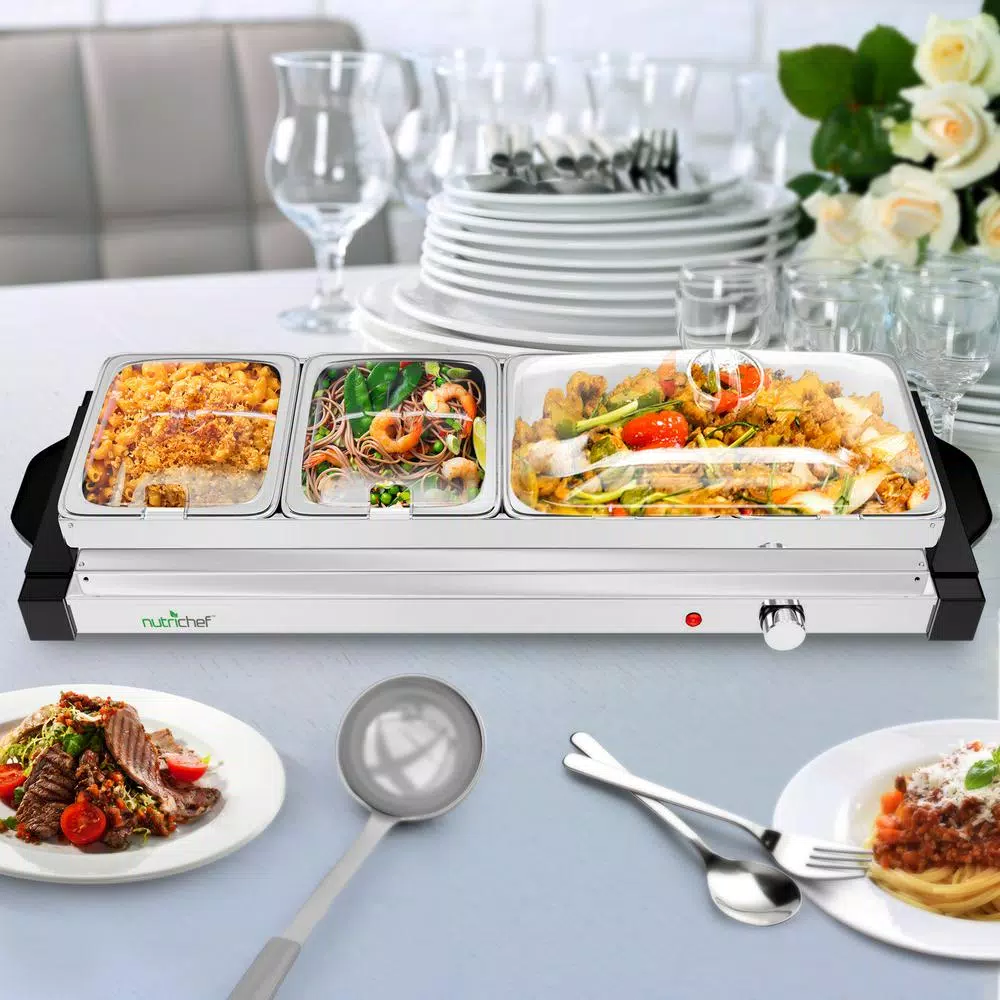 NutriChef 27.6 in. 3-Burner Stainless Steel Electric Buffet Server Food Warming Tray