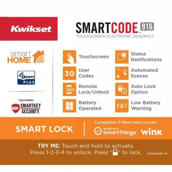 Kwikset SmartCode 916 Z-Wave Smart Deadbolt with SmartKey Security, Satin Nickel