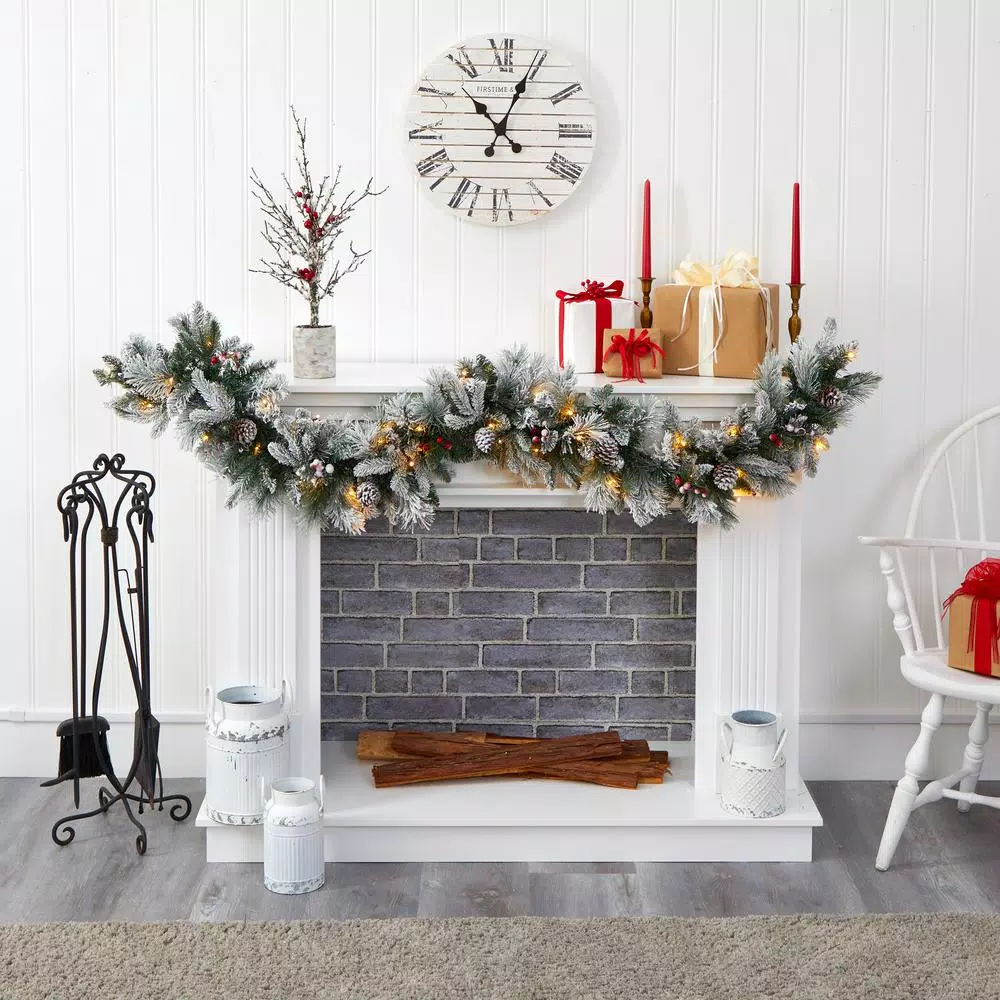 Nearly Natural 6 ft. Pre-lit Flocked Mixed Pine Artificial Christmas Garland with 50 LED Lights