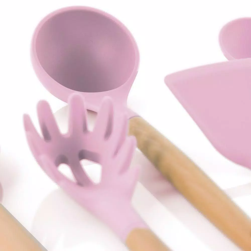 MegaChef 9-Piece Pink Silicone and Wood Kitchen Utensil Set with Ceramic Holder