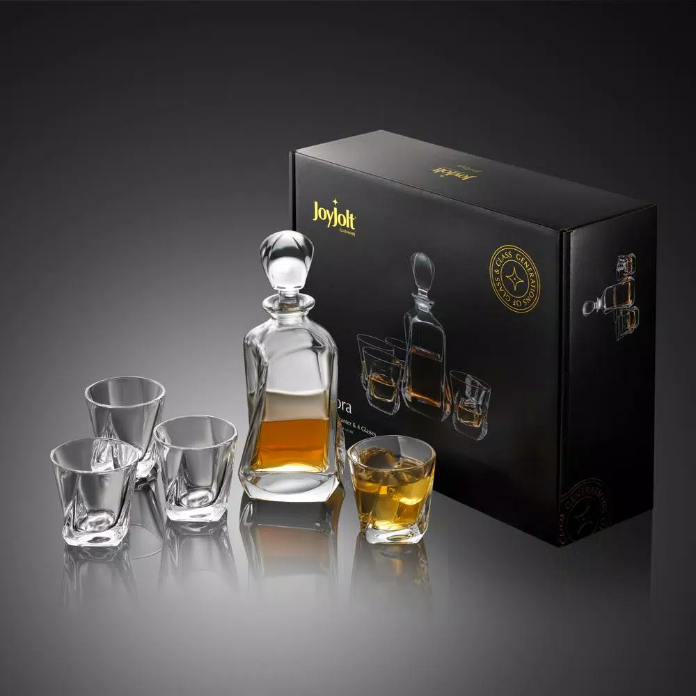 JoyJolt Aurora Crystal Whiskey Decanter Set with 4 Old Fashioned Glasses