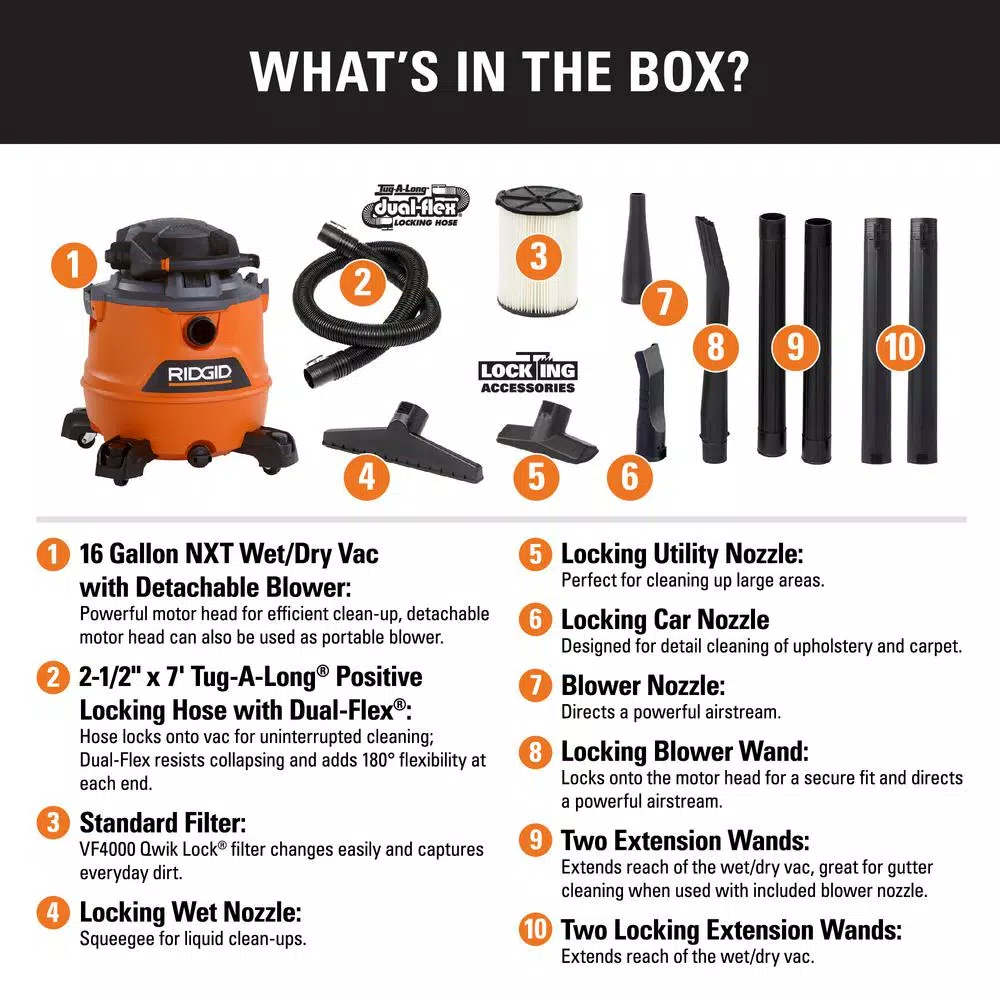 RIDGID 16 Gal. 6.5 Peak HP NXT Wet/Dry Shop Vacuum with Detachable Blower and Gutter Cleaning Kit