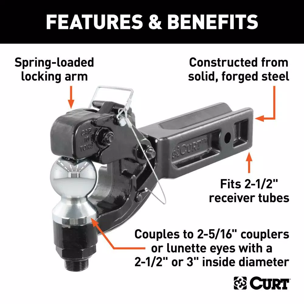CURT Pintle Hitch with 2-5/16 in. Trailer Ball, Fits 2-1/2 in. Receiver