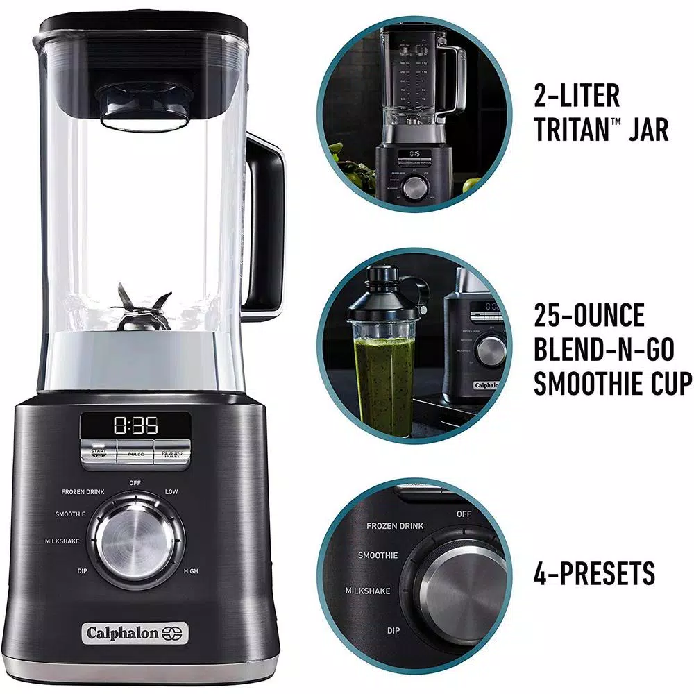 Calphalon 1100-Watt Auto-Speed Blender with 67 oz. Tritan Jar and Blend-N-Go Cup, Dark Stainless Steel