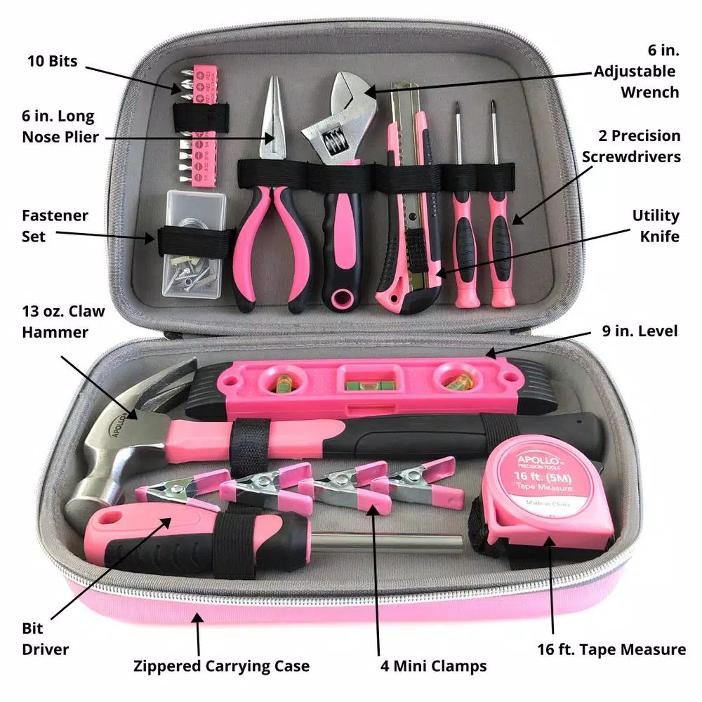 Apollo Tools 63-Piece Household Tool Kit in Stylish Pink Designer Case
