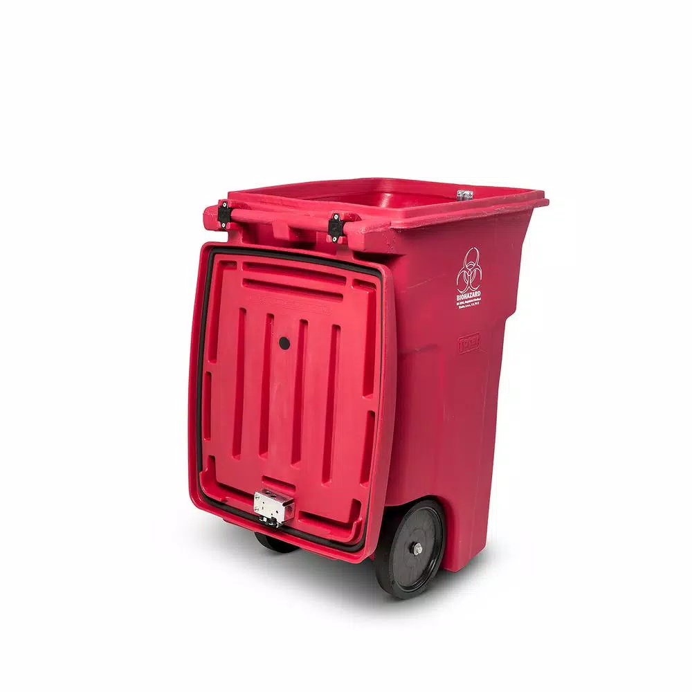Toter 64 Gal. Red Hazardous Medical Waste Trash Can with Wheels and Locking Lid