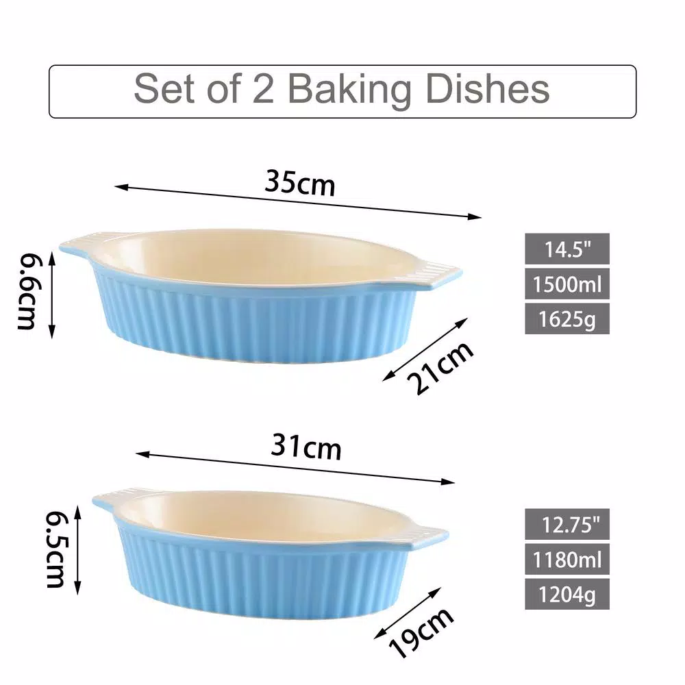 MALACASA 2-Piece Blue Oval Porcelain Bakeware Set, 12.75 in. and 14.5 in. Ceramic Baking Dishes