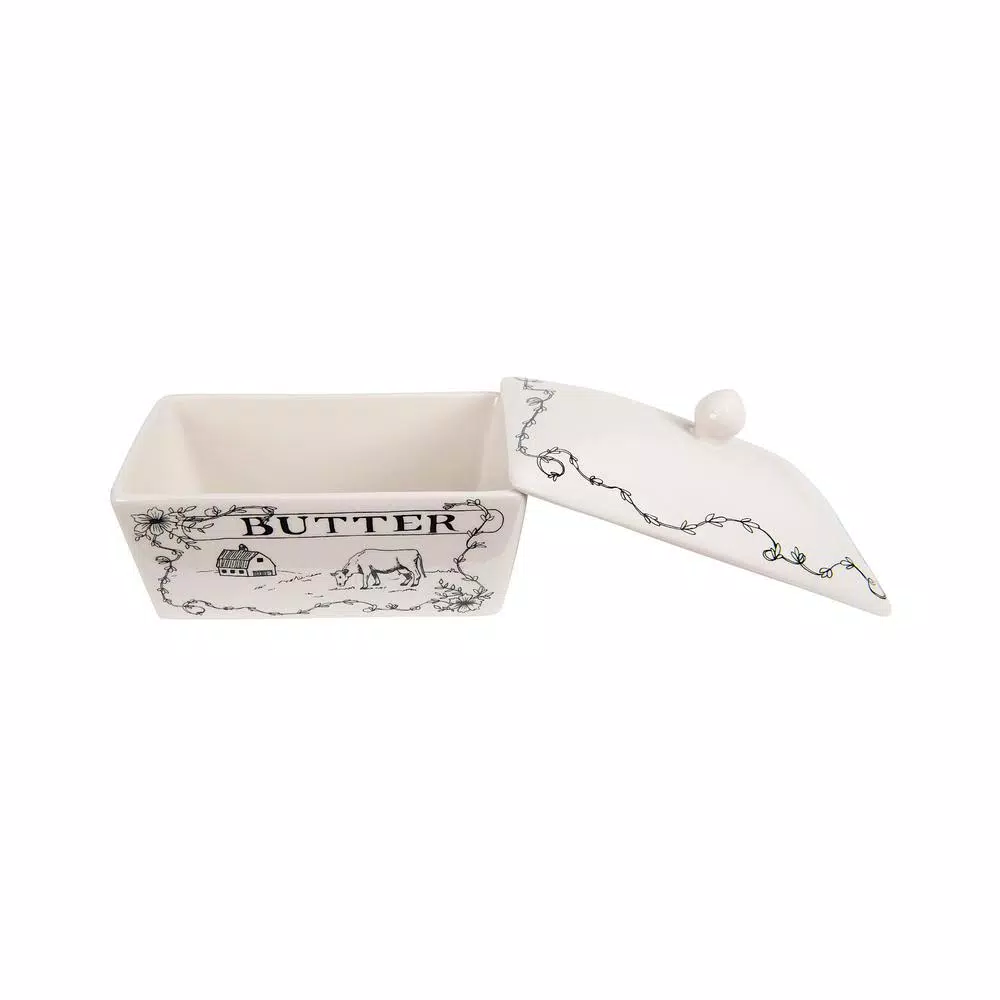 3R Studios White and Black Stoneware Butter Dish with Lid, Farm Scene Design
