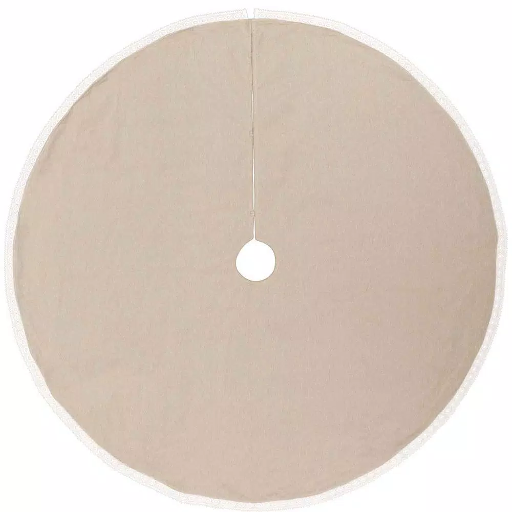 VHC Brands 55 in. Grey Margot Farmhouse Christmas Tree Skirt with Diamond Lace and Chambray