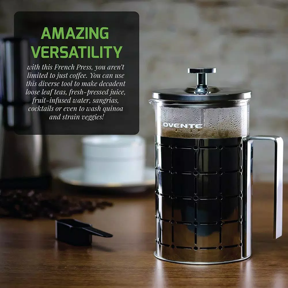 Ovente 3-Cup Silver Borosilicate Glass French Press Coffee and Tea Maker with Stainless Steel Shell