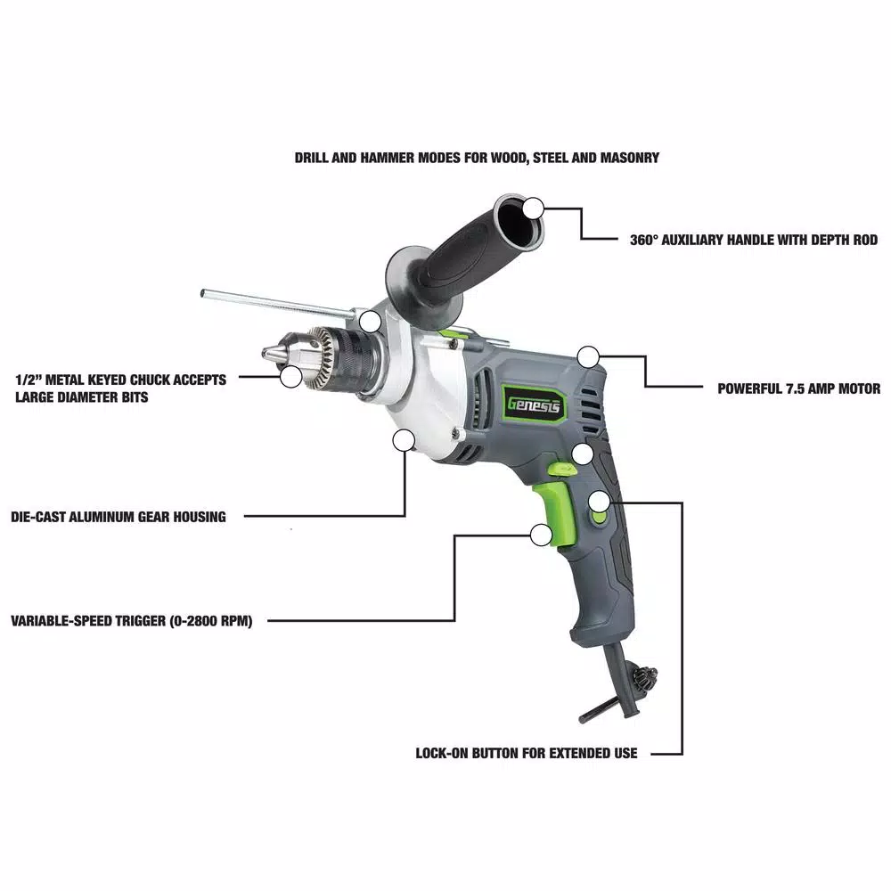Genesis GHD1275 1/2 in. Variable Speed Reversible Hammer Drill, 7.5 Amp