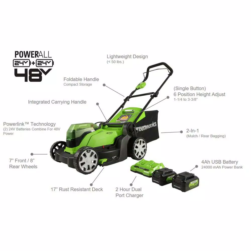 Greenworks 17 in. 48V Cordless Walk Behind Push Lawn Mower with (2) 4 Ah Batteries and Dual Port Charger