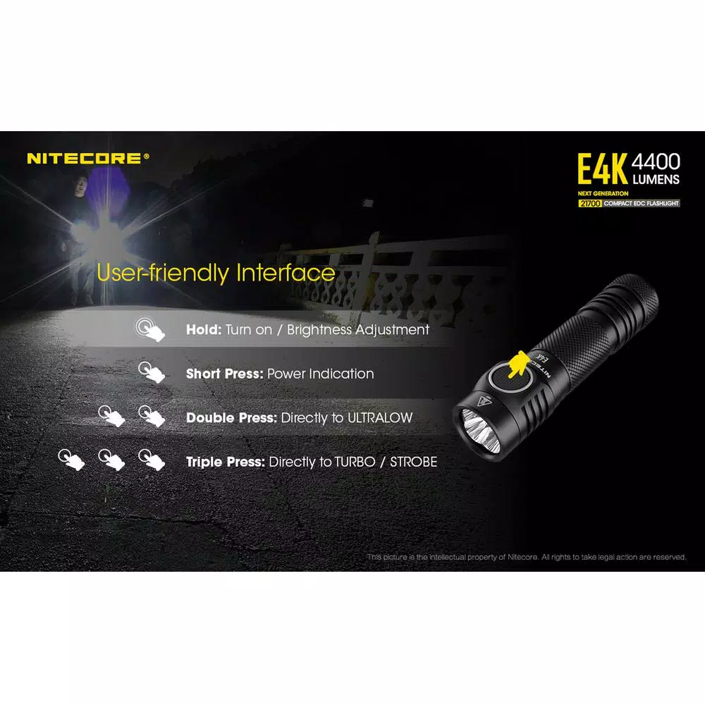 NITECORE E4K Tactical EDC Flashlight, 4400 Lumens, USB-C Rechargeable, Waterproof & Impact Resistant