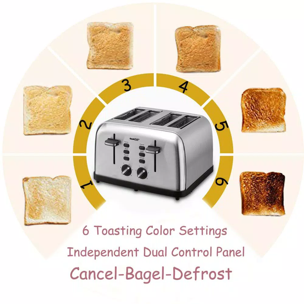 Boyel Living 1500W 4-Slice Wide Slot Toaster with Dual Independent Control Panels, Silver