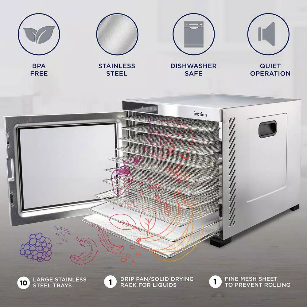 Ivation 10-Tray Stainless Steel Electric Food Dehydrator, 1000W with Digital Timer and Temperature Control