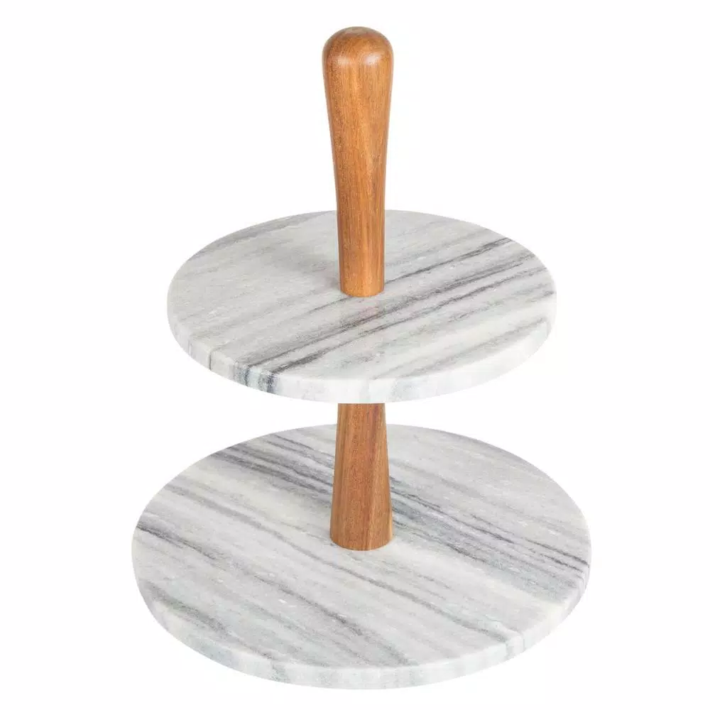 Creative Home 2-Tier Natural Marble and Acacia Wood Cake Dessert Stand, Round Pastry & Fruit Server