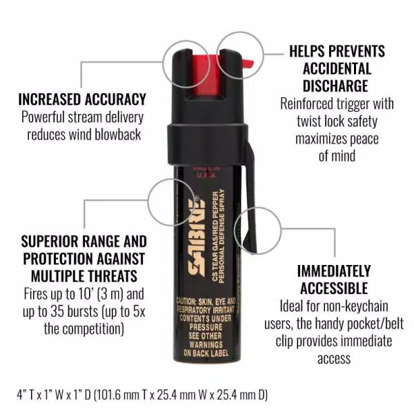 SABRE 3-in-1 Compact Pepper Spray with Clip - 10 ft Range Stream Delivery