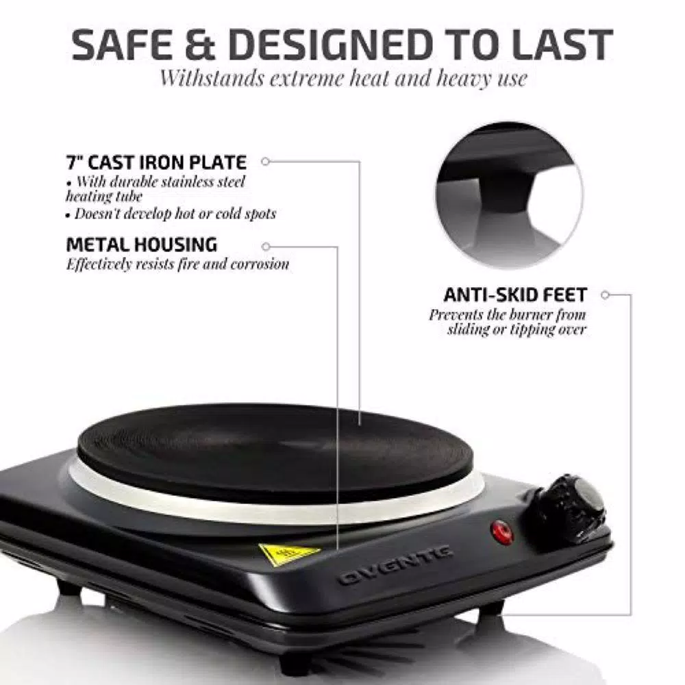 Ovente 1000W Single Burner Hot Plate, 7-in. Cast-Iron Infrared Ceramic Glass Electric Burner with Temperature Control