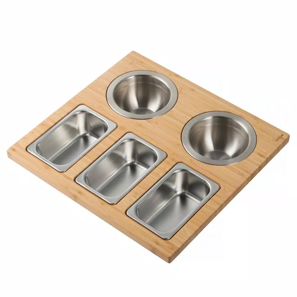 Kraus Workstation Kitchen Sink Accessory Set - Bamboo Serving Board & 5 Stainless Steel Prep Bowls