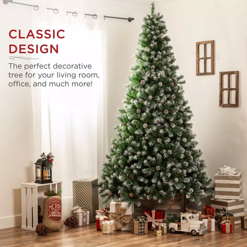 Best Choice Products 9 ft. Unlit Flocked Virginia Pine Artificial Christmas Tree with Pine Cones and Holly Berries