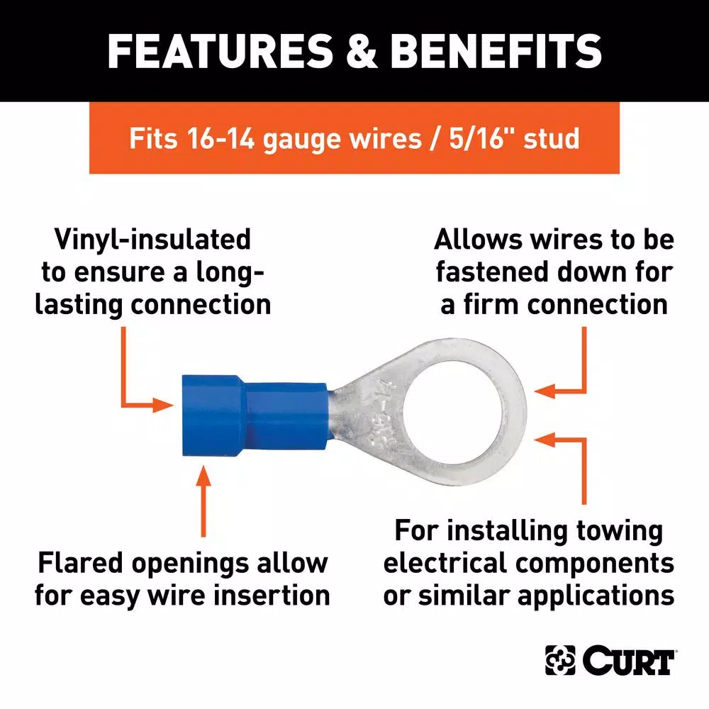 CURT Ring Terminals, 16-14 AWG Wire Gauge, 5/16 in Stud Size, Blue, 100-Pack