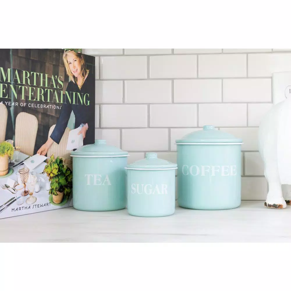 3R Studios 3-Piece Green Metal Kitchen Canister Set with Lids - Coffee, Tea, and Sugar Typography