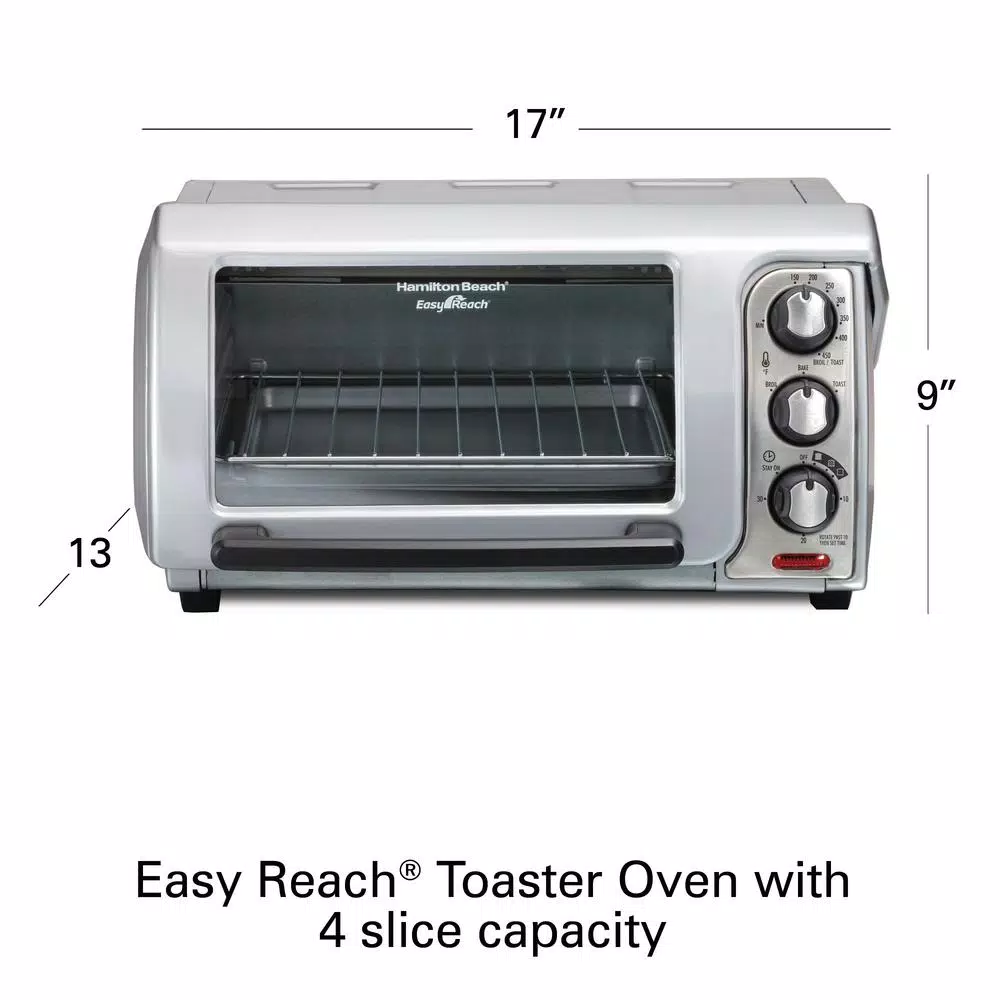 Hamilton Beach Easy Reach 1200W 4-Slice Silver Toaster Oven with Roll Top Door