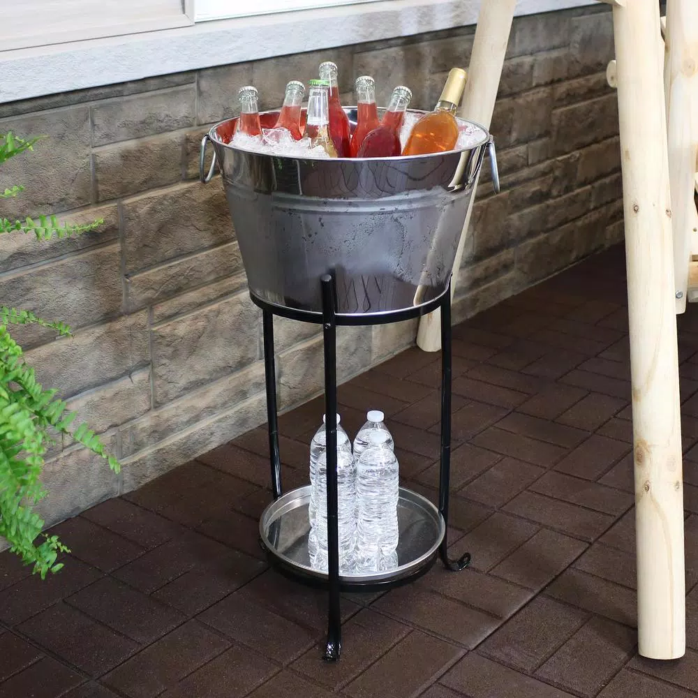Sunnydaze Decor 5-Gallon Stainless Steel Ice Bucket Cooler with Iron Stand and Serving Tray