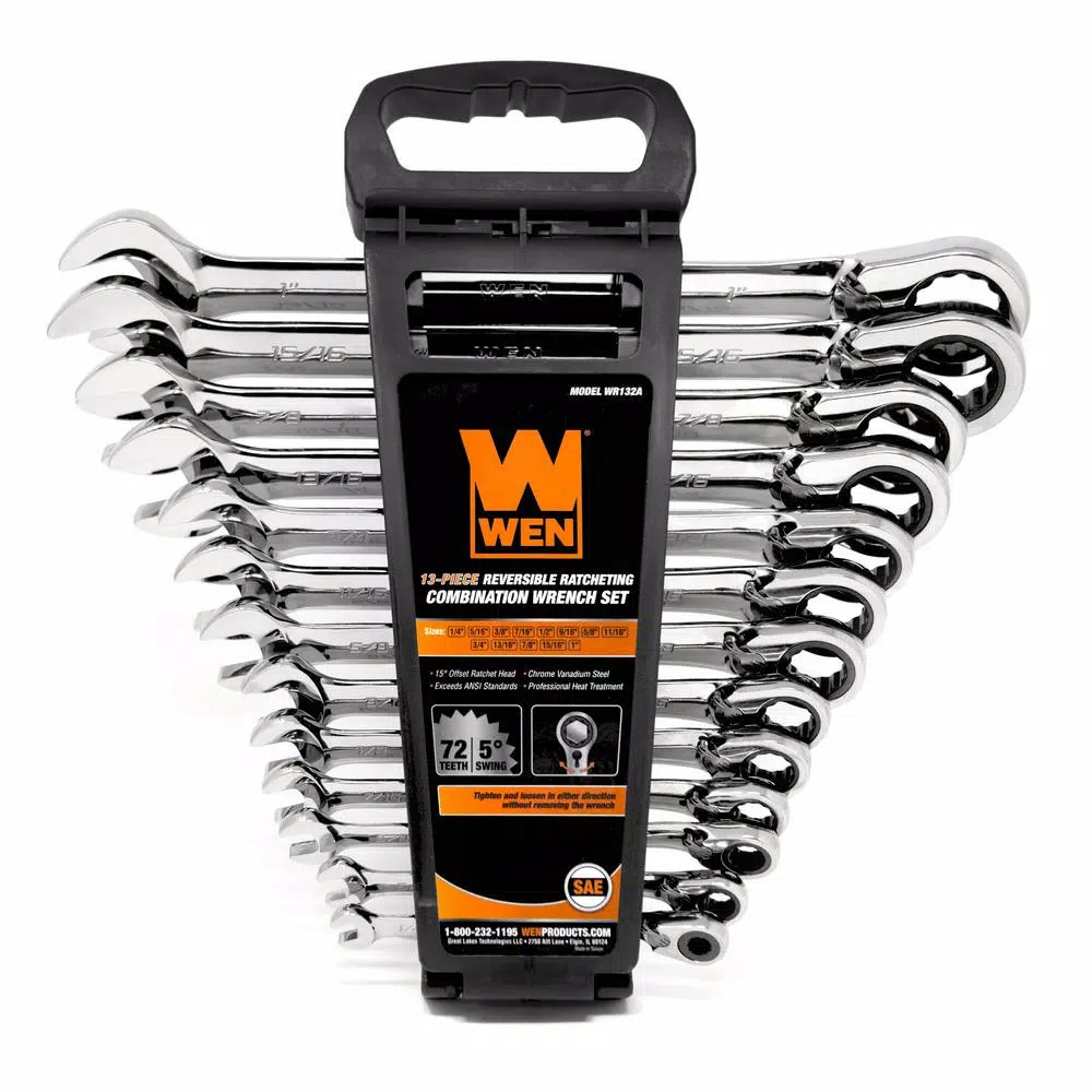 WEN 13-Piece SAE Reversible Ratcheting Combination Wrench Set with Storage Rack