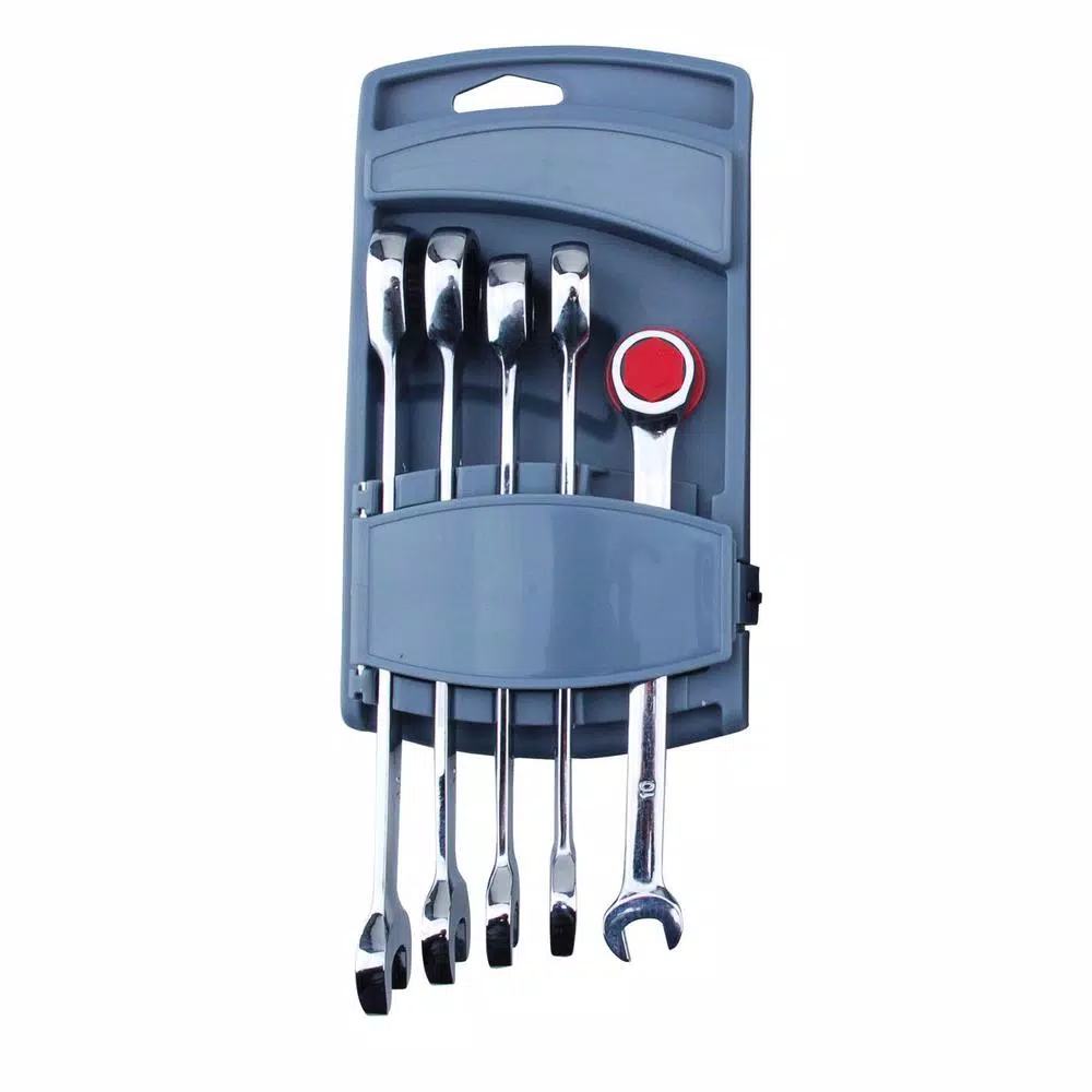 Steel Core Metric Ratcheting Wrench Set, 5-Piece Chrome Vanadium Steel with Storage Case