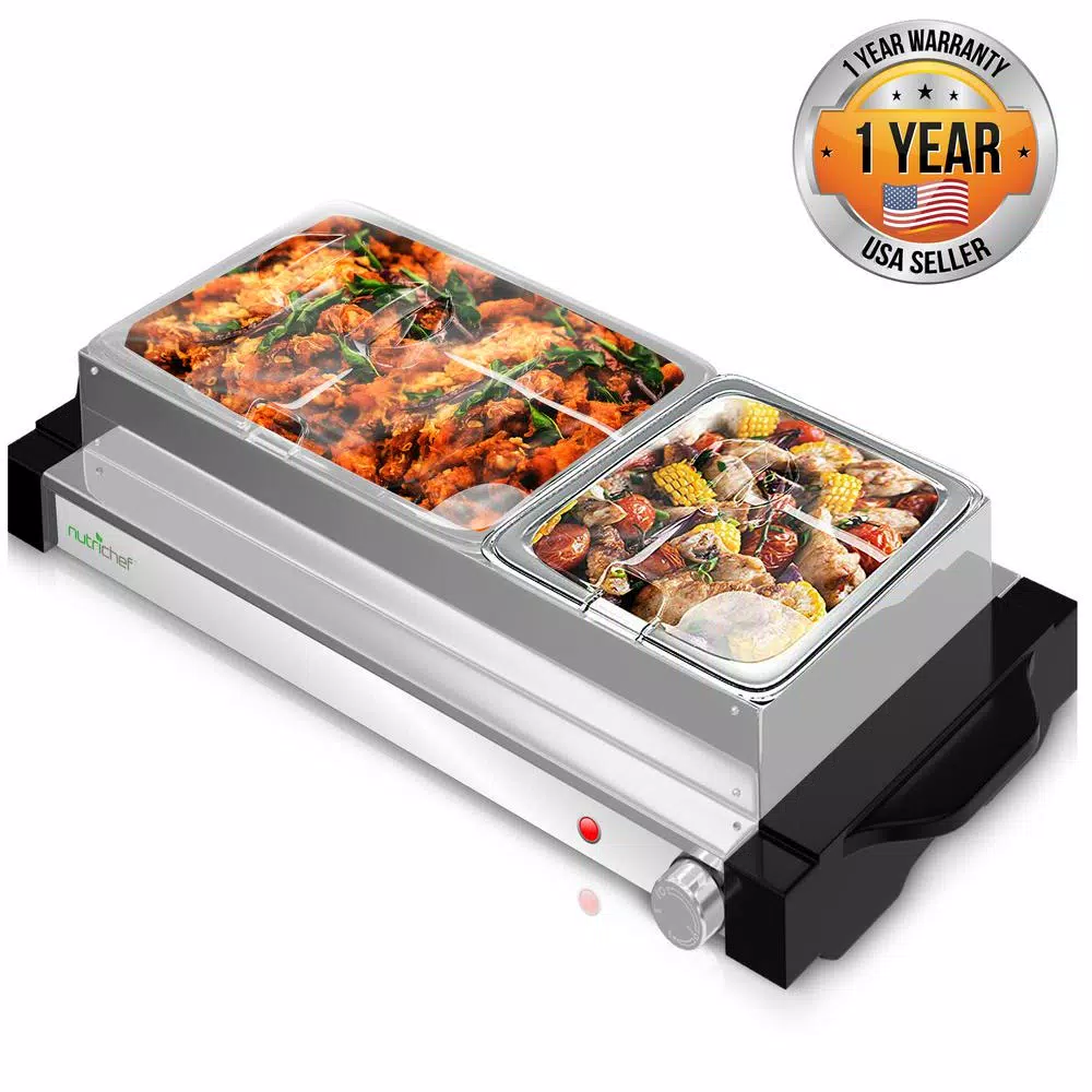NutriChef 21.9 in. Stainless Steel Dual Plate Electric Food Warming Tray Buffet Server