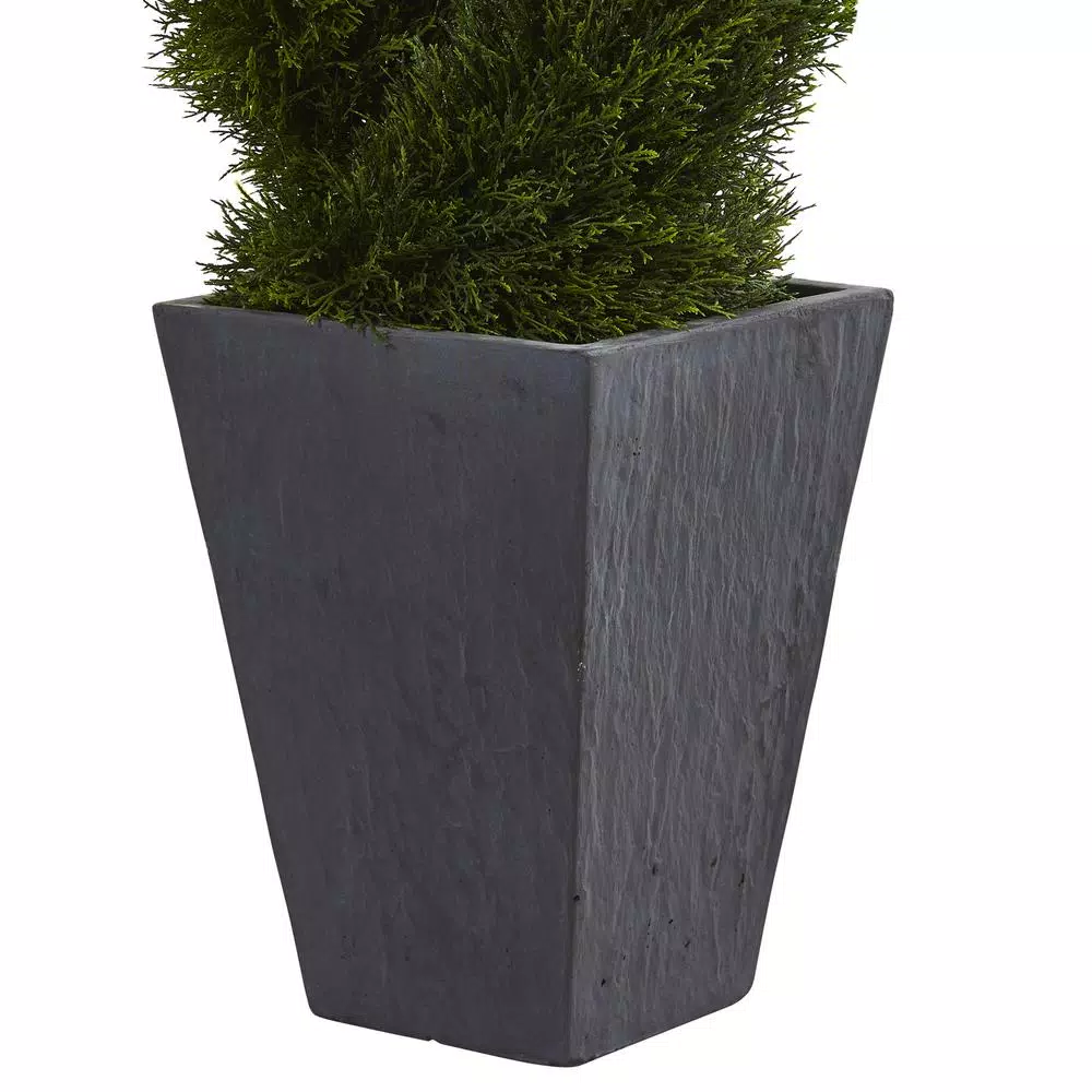Nearly Natural 4 ft. Artificial Cypress Double Spiral Topiary Tree in Slate Planter, UV Resistant Indoor/Outdoor