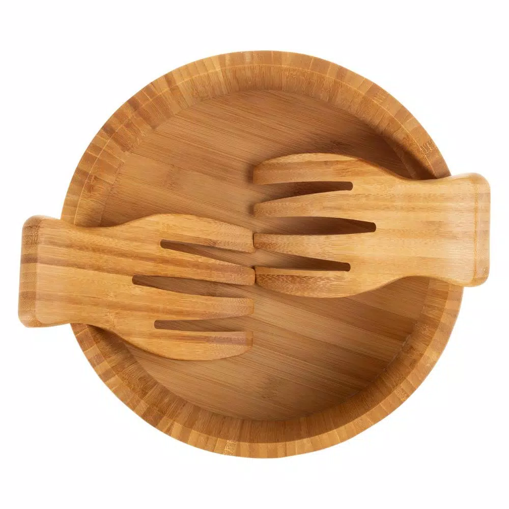 Classic Cuisine 10.25 in. Round Bamboo Salad Bowl Set with Two Utensils