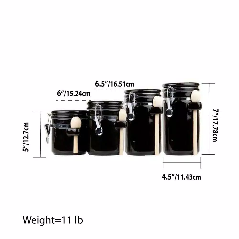 Unbranded 4-Piece Black Ceramic Canister Set with Wooden Spoons - Airtight Kitchen Storage Containers