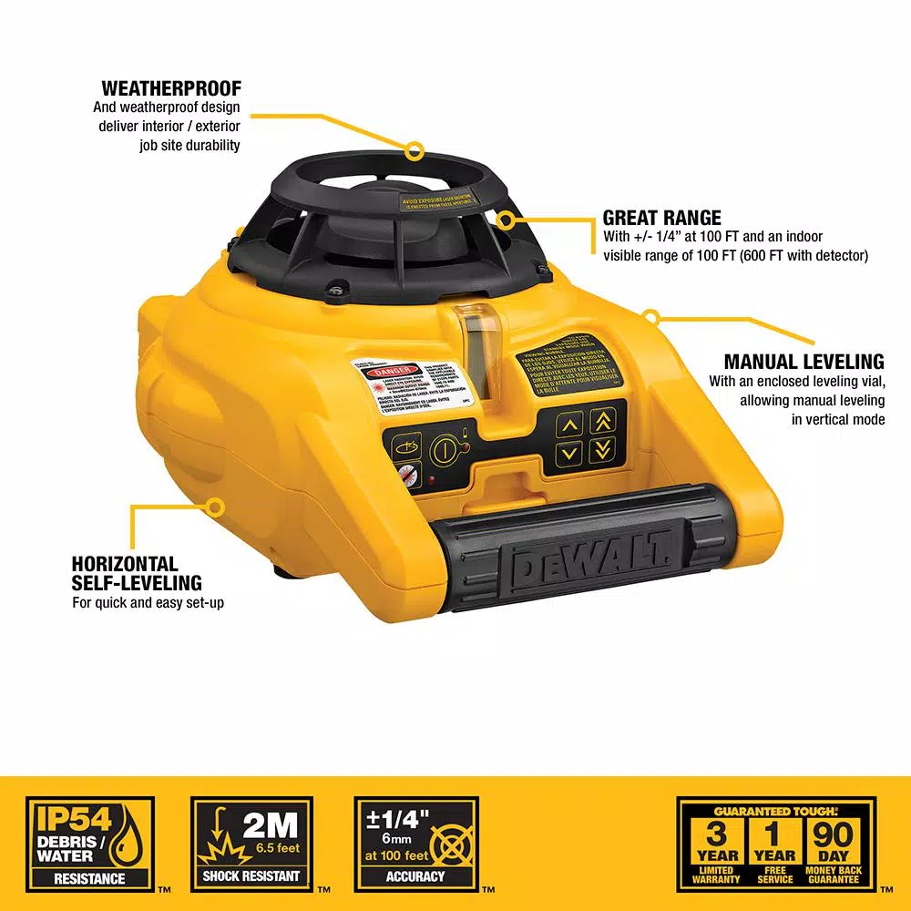 DEWALT Red Self-Leveling Rotary Laser Level Kit with Detector, Clamp, Wall Mount, and Bag