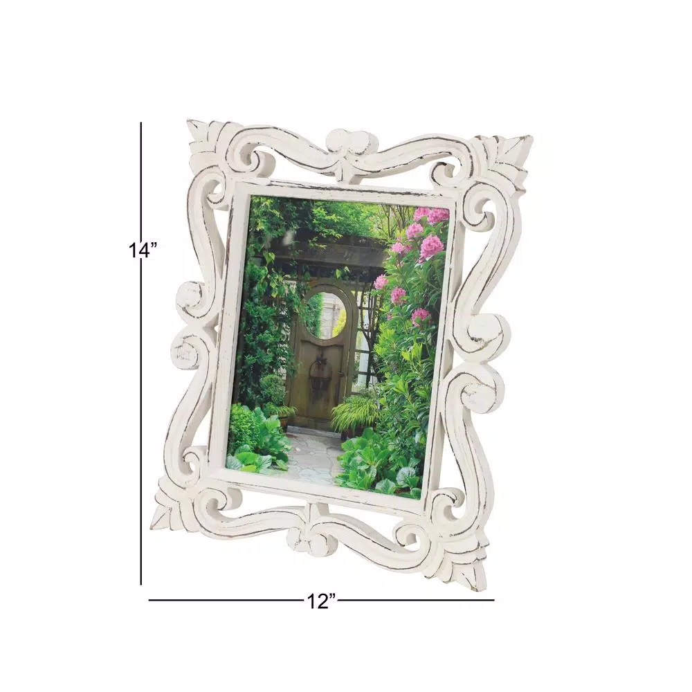 LITTON LANE 8x10 Hand-Carved Mango Wood Picture Frame - Antique Whitewash Rectangular Tabletop Frame