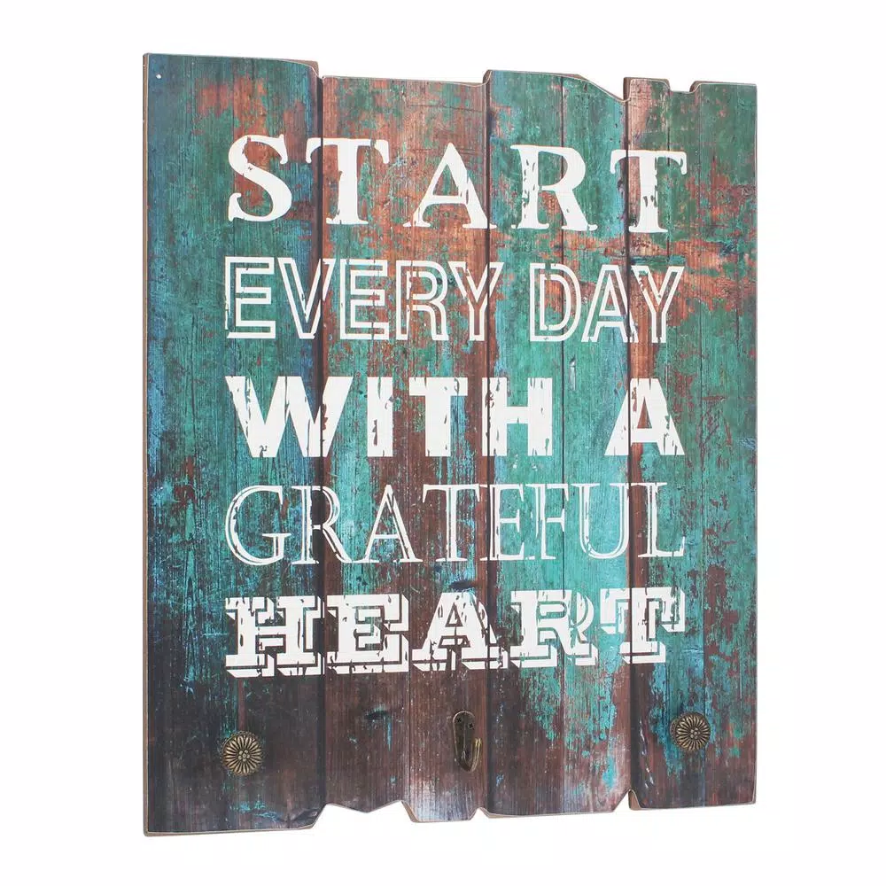 Stonebriar Collection Blue Wood Wall Decor Sign with 3 Hooks - Start Every Day with a Grateful Heart - 15.5 in. x 15.5 in.