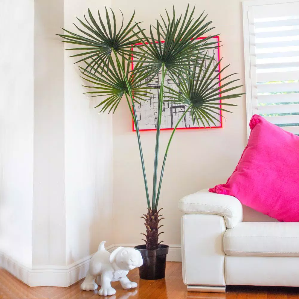 Nearly Natural 7 ft. UV Resistant Indoor/Outdoor Artificial Fan Palm Tree with Black Pot