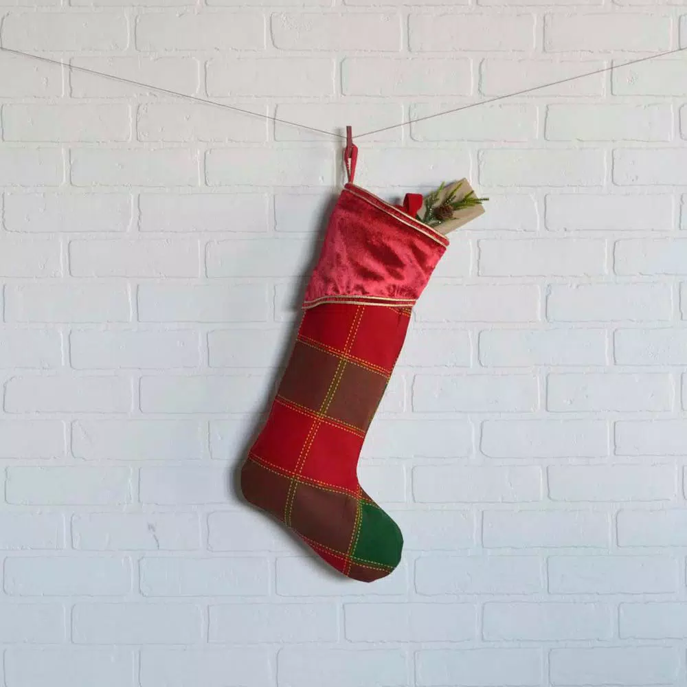 VHC Brands Tristan 20 in. Traditional Christmas Stocking - Cherry Red & Shamrock Green Plaid