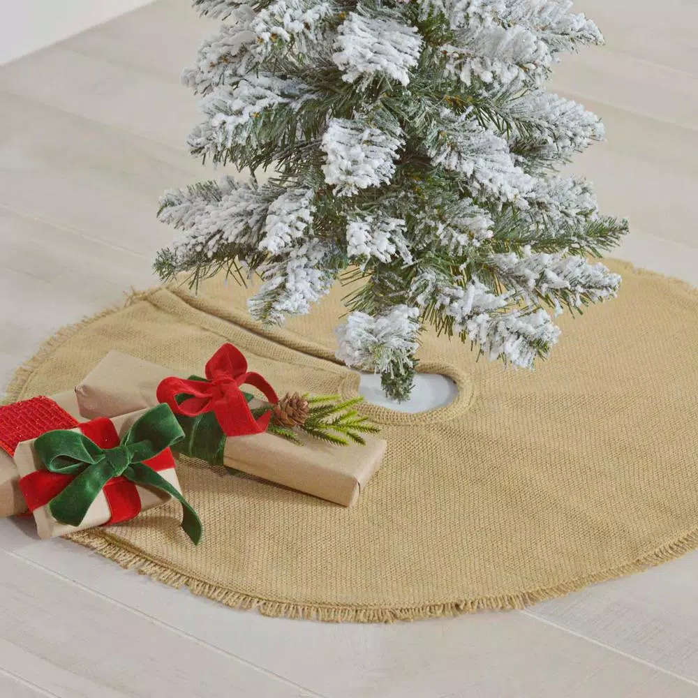 VHC Brands 21 in. Natural Burlap Christmas Tree Skirt with Fringed Edge and Reversible Taffeta