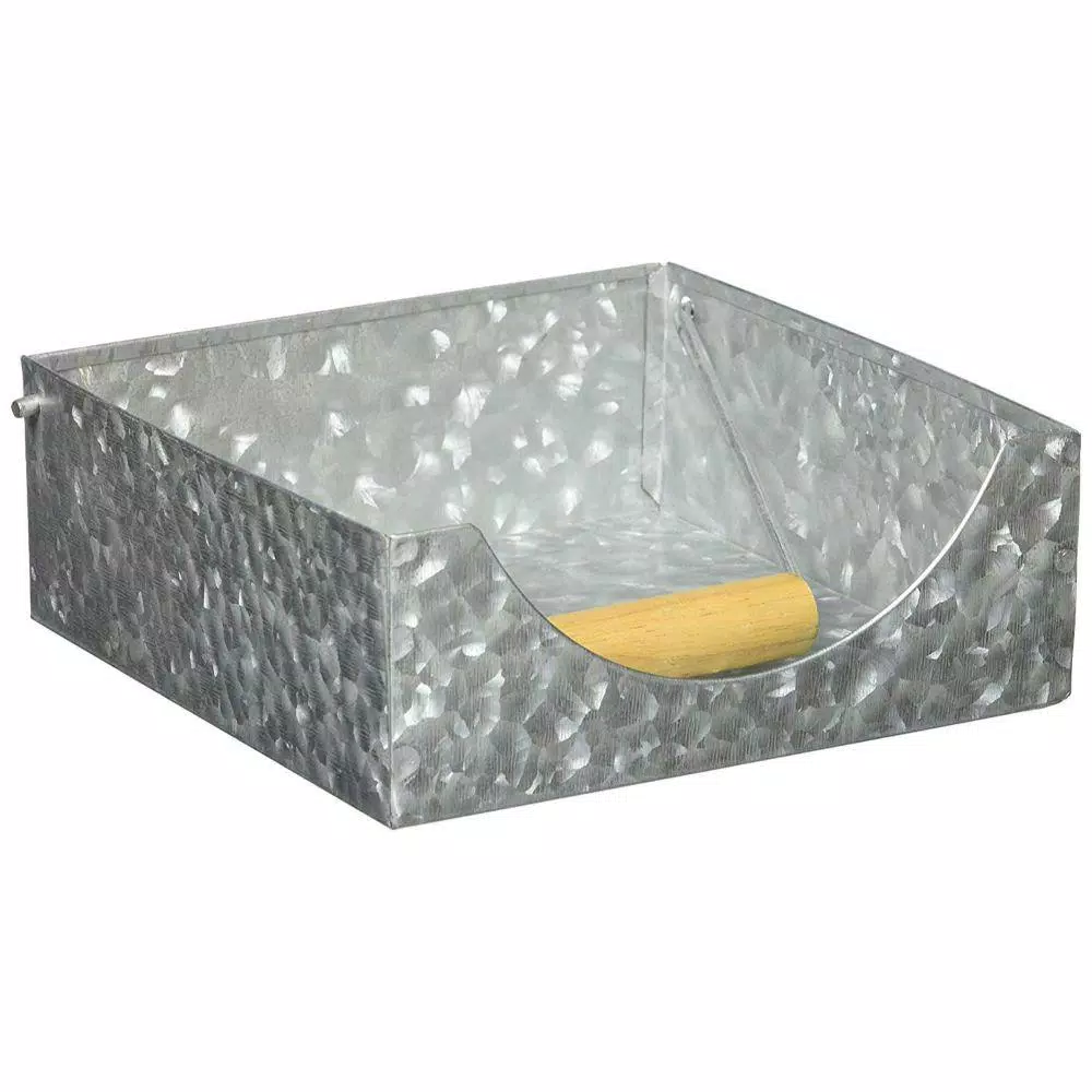 Benzara Galvanized Steel Napkin Holder with Folding Wooden Handle - Gray Vintage Style