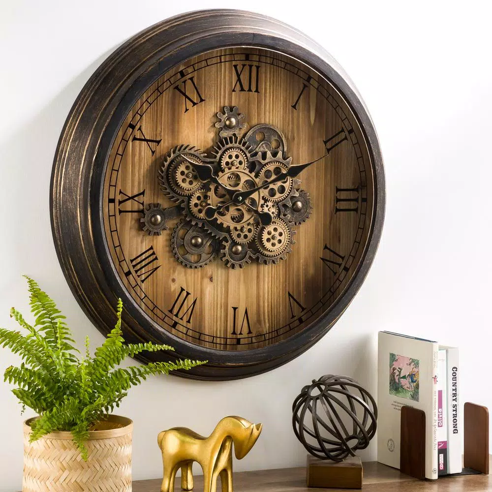 Glitzhome 27.76 in. Vintage Industrial Oversized Wall Clock with Moving Gears and Roman Numerals