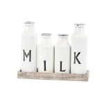 LITTON LANE Rustic Reflections Farmhouse Decorative Wood Tray with 4 Distressed White Milk Bottles thumbnail 2