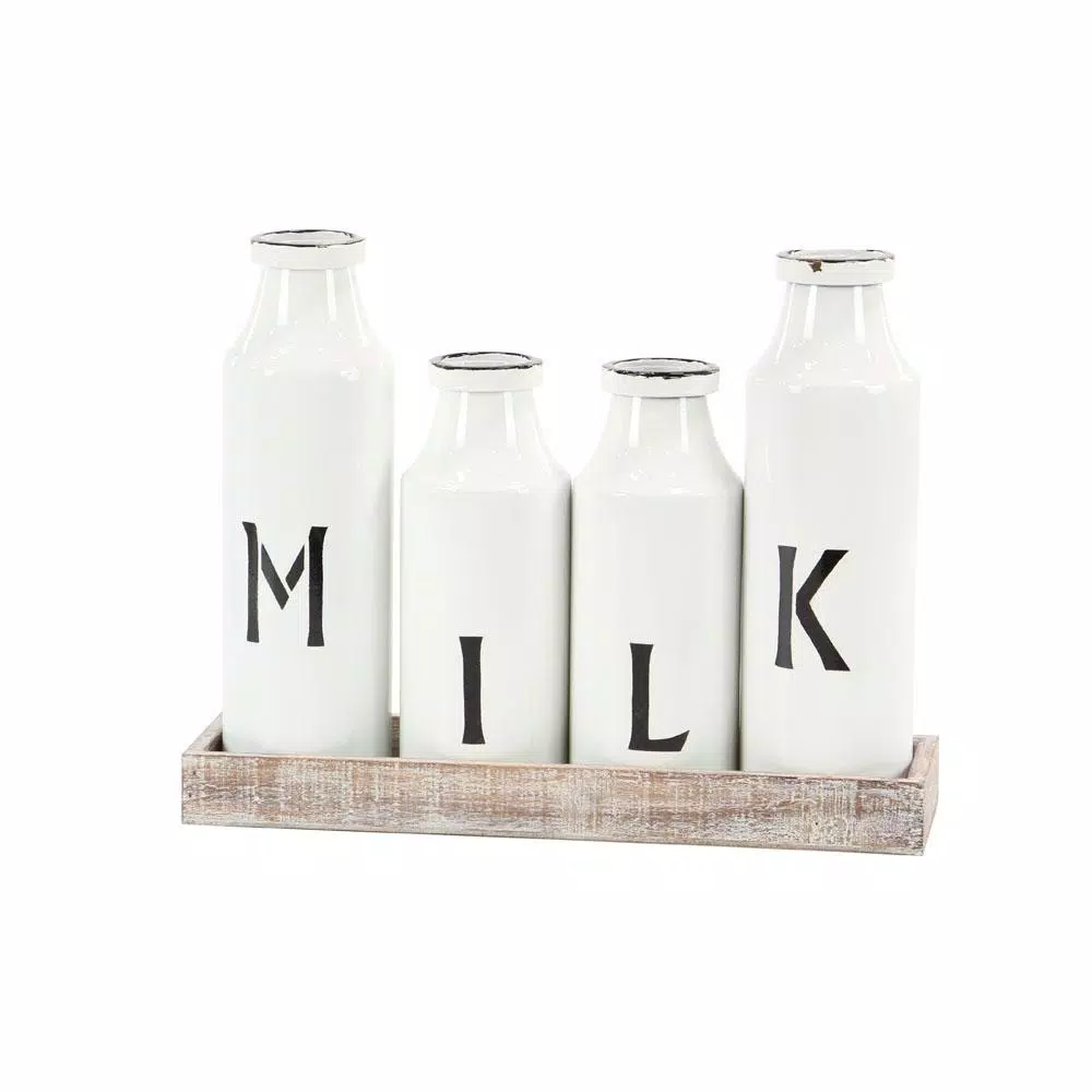 LITTON LANE Rustic Reflections Farmhouse Decorative Wood Tray with 4 Distressed White Milk Bottles