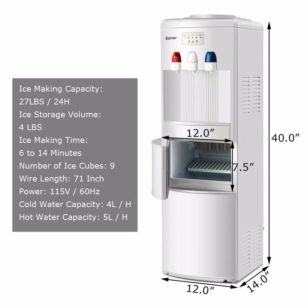 Costway Premium Top Loading Water Dispenser with Built-In Ice Maker, Hot & Cold Tri-Temp, White