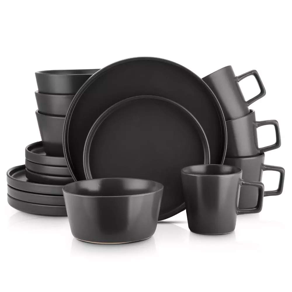 Stone Lain 16-Piece Modern Black Matte Stoneware Dinnerware Set for 4