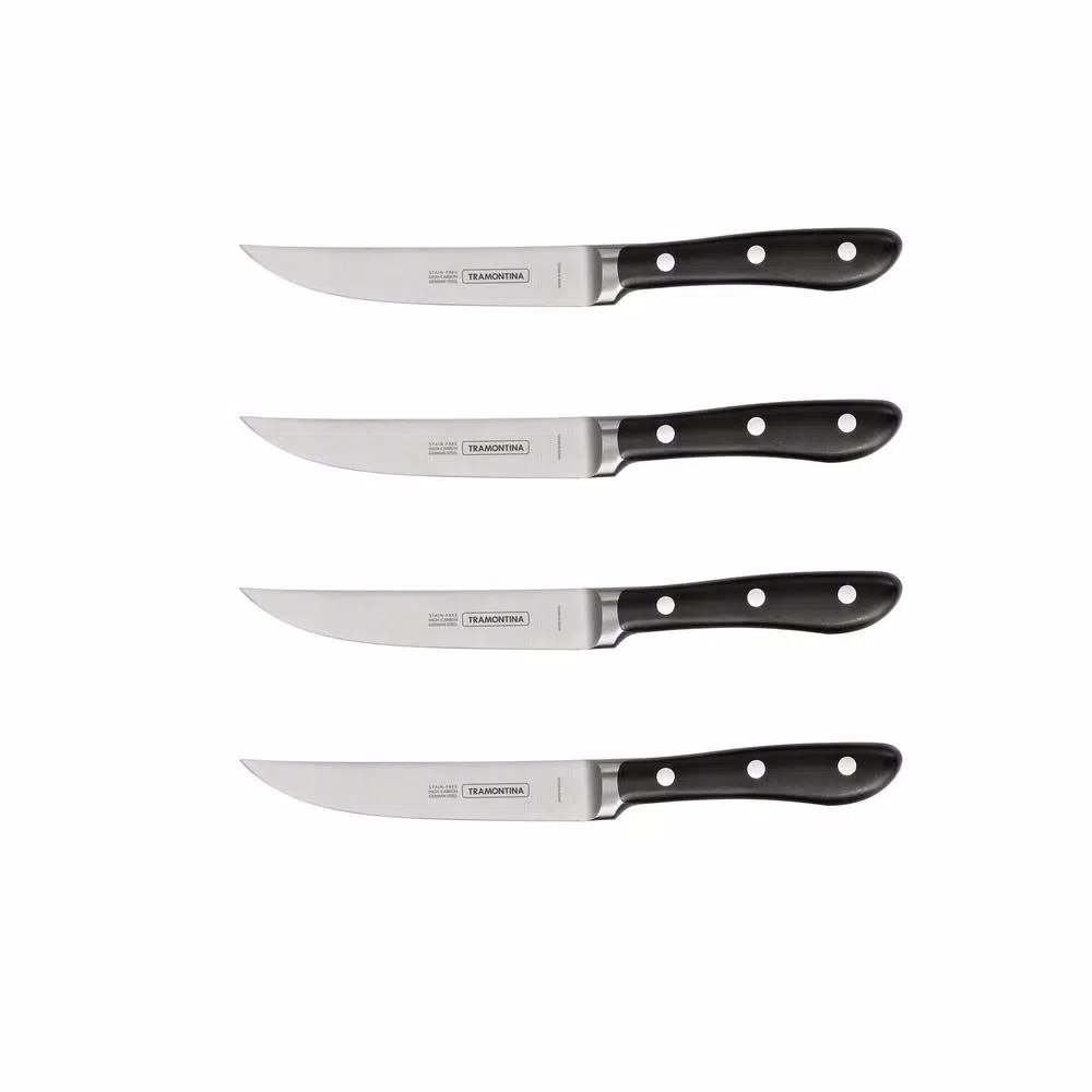 Tramontina 4-Piece 5 in. High Carbon Stainless Steel Serrated Steak Knife Set with Black Polycarbonate Handles