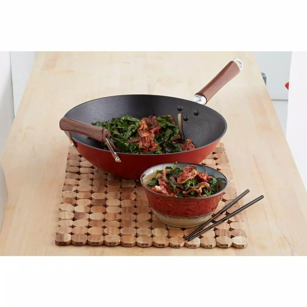 IMUSA 14 in. Light Cast Iron Pre-Seasoned Wok with Wood Handle
