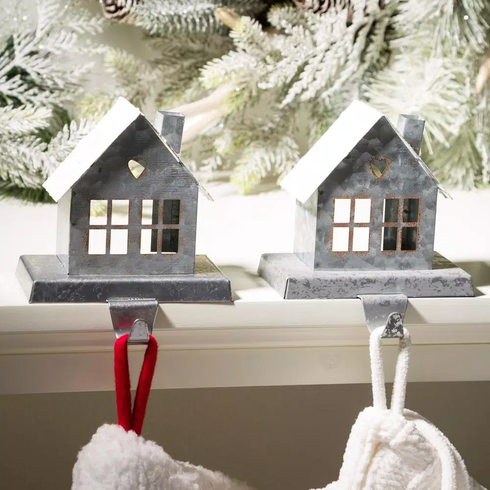 Glitzhome Galvanized Metal House Stocking Holder Set of 2 - Rustic Christmas Mantel Decor