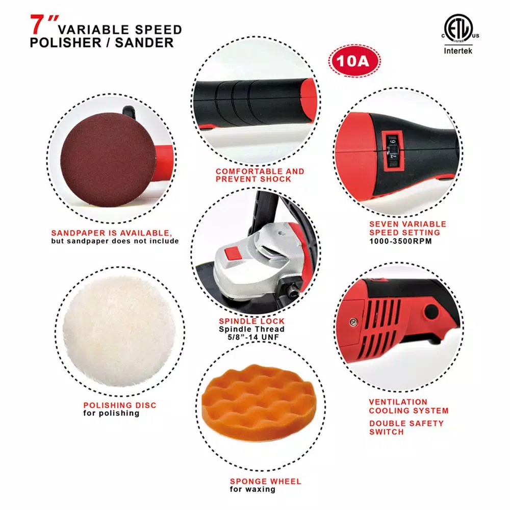 Boyel Living 7 in. Variable Speed Corded Disc Sander Polisher Buffer, 10 Amp, 1000-3500 RPM
